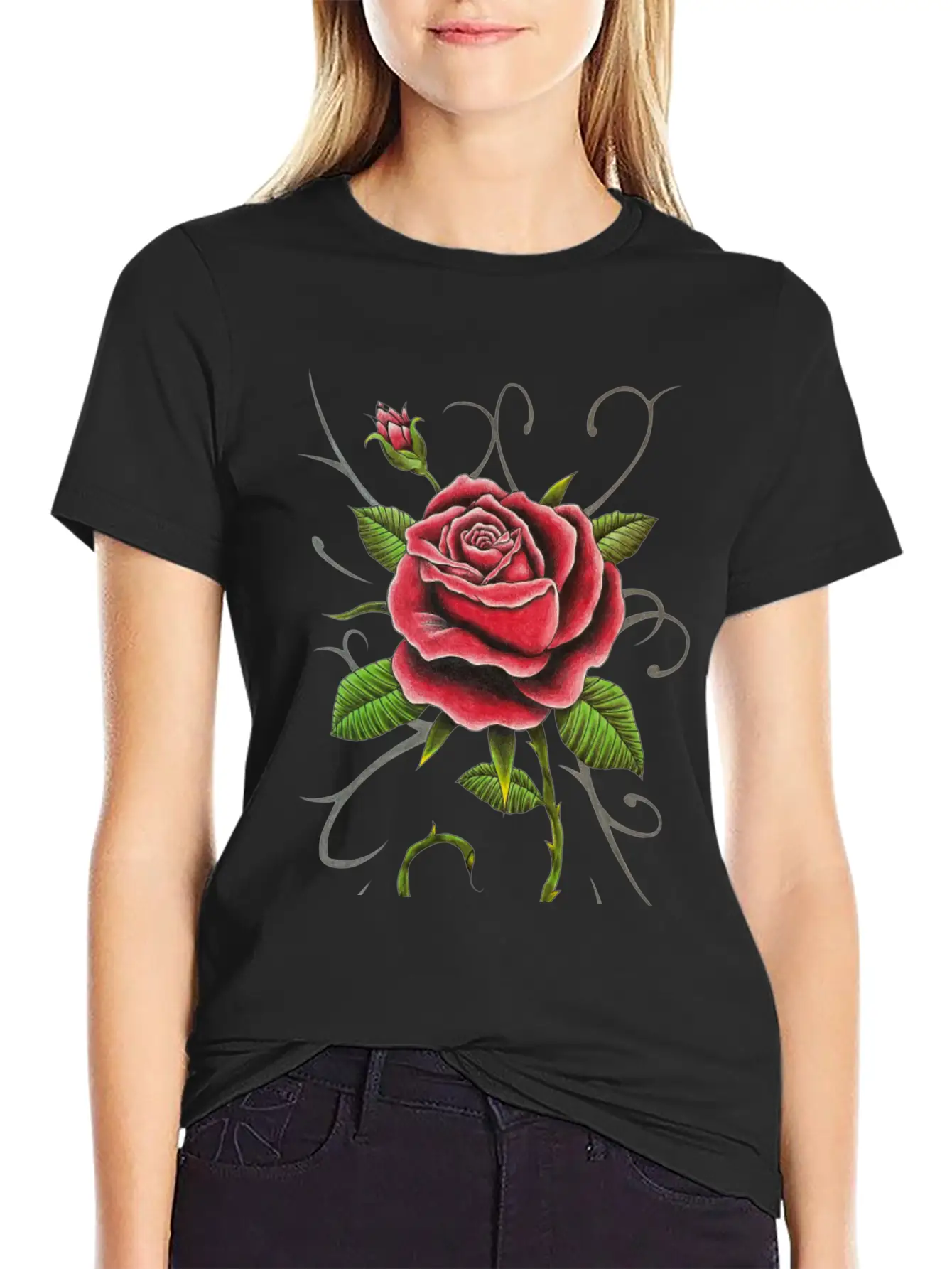"Tattoo Style Red Rose" - Design Relaxed Everyday Tee – Lightweight And Durable Cotton