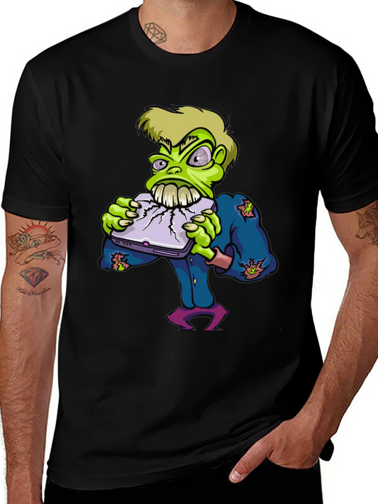 Zombie Laptop Eater Graphic Tee - Black Cotton T-Shirt