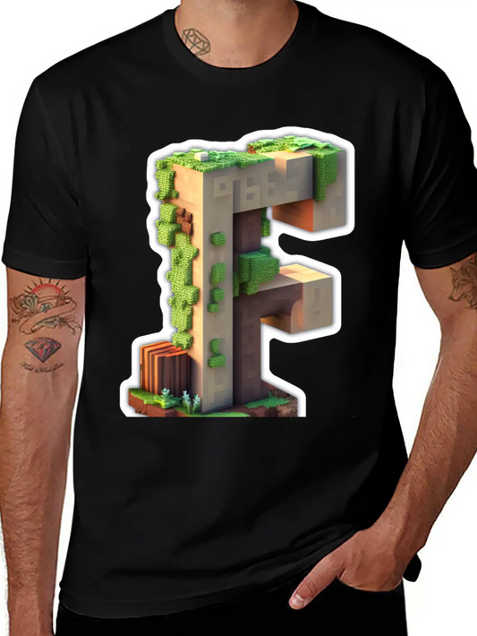 "F" MINE 3D Pixel Art Initial Letter Timeless Short Sleeve Tee – Comfy And Minimalist Design