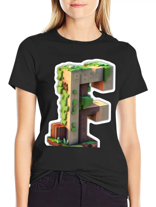 "F" MINE 3D Pixel Art Initial Letter Timeless Short Sleeve Tee – Comfy And Minimalist Design